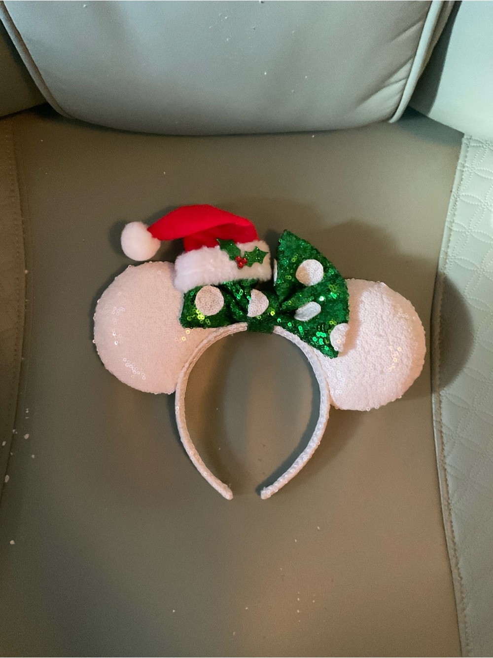 Custom Holiday Minnie-Style Ear Headband with Green Sequin Bow